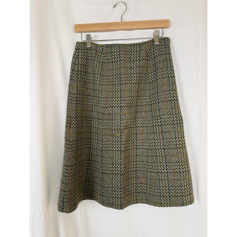 CAbi Wool Blend A-Line Skirt Size 2 Blue Gold Textured Lined Midi